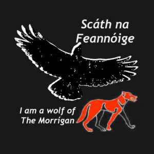 T-shirt graphic, a crow overa Pictish wolf with the words "Scáth na Feannóige" and "I am a wolf of the Morrígan"